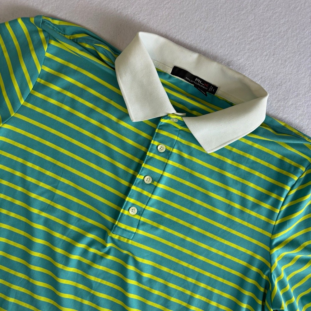Ralph Lauren RLX Polo Shirt Men's L Green Yellow Striped Athletic Golf Tennis